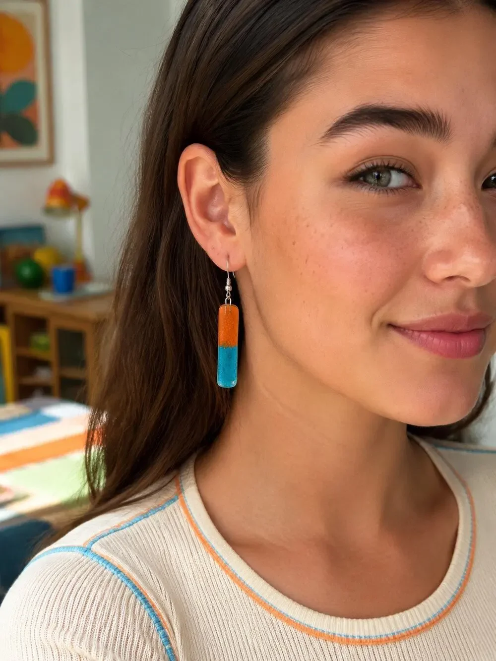 Orange Turquoise Blue Resin Bar Dangle Earrings Silver Tone Boho Modernist